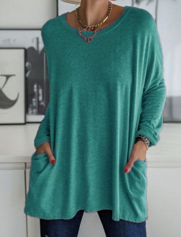 Blusa Suelta de Manga Larga y Cuello Redondo con Bolsillos - Colores Sólidos - Image 11