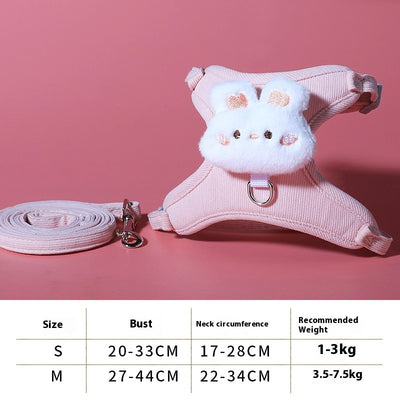 Pink corduroy pet harness and leash set with a white plush rabbit design, shown with a size chart. - Image 6