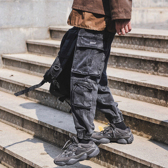 Pantalones Cargo Denim Desgastado con Cordón Ajustable