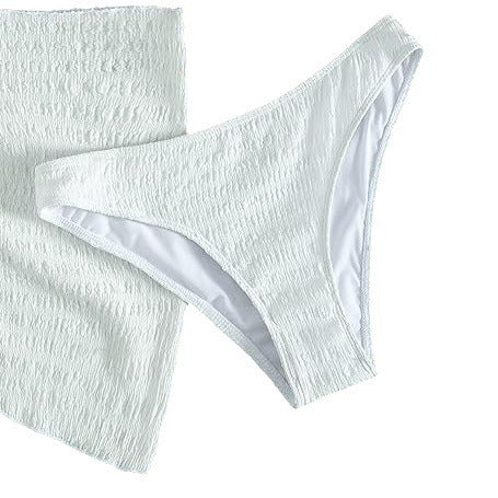 White textured lace-up split bikini swimsuit with a triangle halter top, high-cut bottoms, and matching sarong. - Image 5