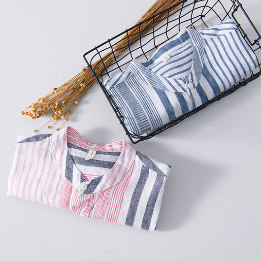 Camisa Casual de Lino Manga Corta a Rayas para Hombre Transpirable - Image 4