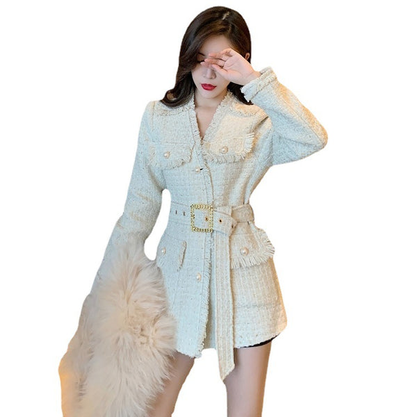 Abrigo Corto de Tweed para Mujer con Cintura Ajustada y Borlas