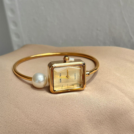 Reloj Pulsera Lujo Perla Cuadrada Dorado para Mujer - Image 15