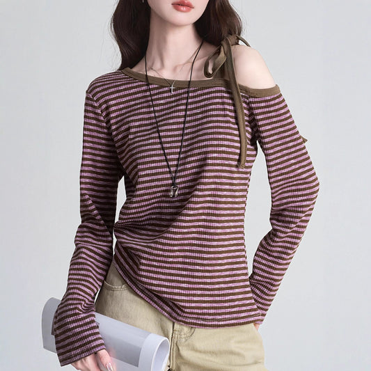 Blusa Slim Rayas Moradas con Hombros Descubiertos Manga Larga