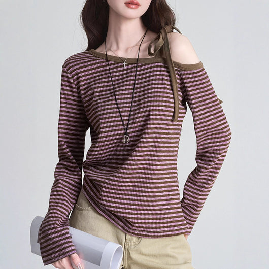 Blusa Slim Rayas Moradas con Hombros Descubiertos Manga Larga