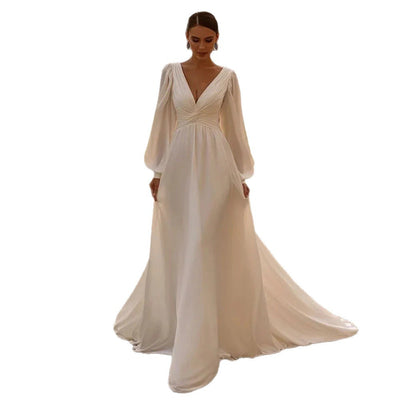 Vestido de Novia Gasa Satinada Escote Profundo Manga Larga - Image 5
