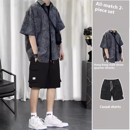 Conjunto de Tres Piezas Estilo Hong Kong - Camisa, Abrigo y Pantalones Cortos - Image 8
