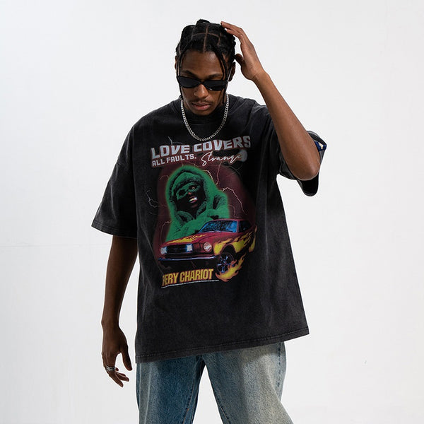 Camiseta Retro Suelta con Estampado Urbano para Hombre