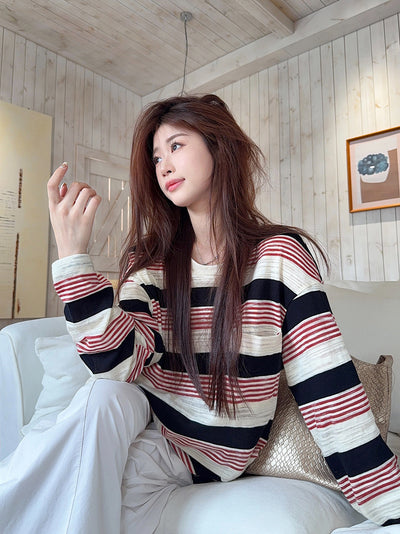 Blusa Suelta de Rayas con Cuello Redondo y Manga Larga para Mujer - Image 11