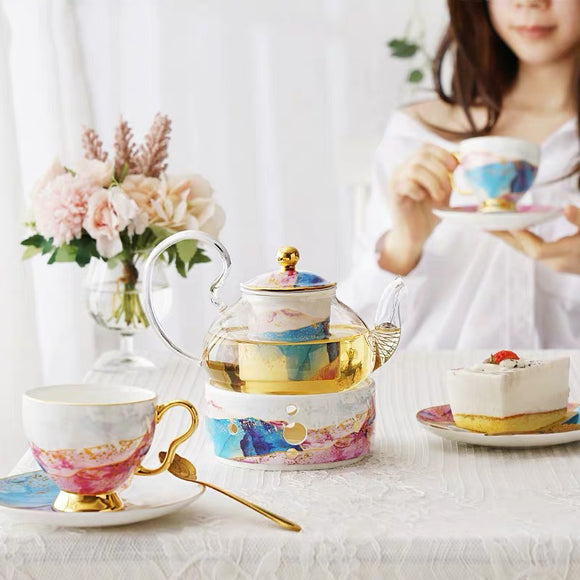 Juego de Tazas de Té en Cerámica y Vidrio con Diseño Floral Inglés