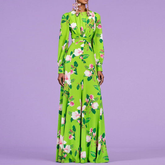 Vestido Largo Elegante con Estampado Floral Verde