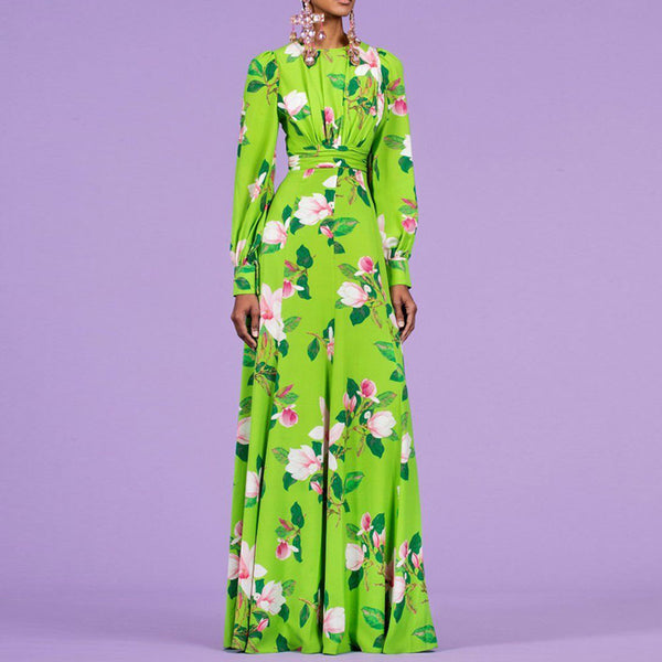 Vestido Largo Elegante con Estampado Floral Verde