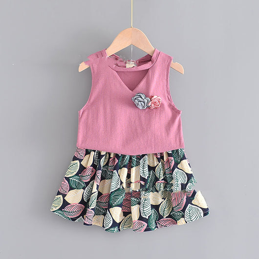 Conjunto Infantil Blusa Floral sin Mangas + Falda Estampado Hojas - Image 9