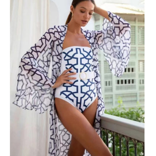 Woman in black and white floral print one-piece swimsuit with matching long-sleeved kimono cover-up and white belt. - Image 15