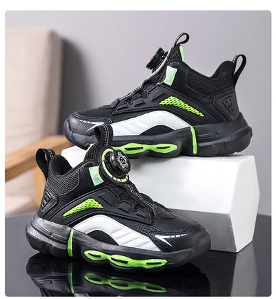 Black, white, and neon green children's basketball shoes with rotating buckle closure, featuring a mid-top design. - Image 34