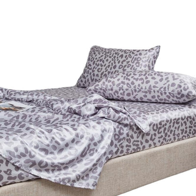 Juego de Sábanas Satinadas de Seda Artificial con Estampado Leopardo Plateado - 4 Piezas - Image 5