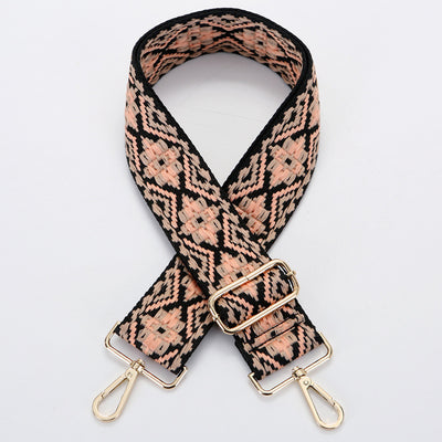 Yellow and white ethnic style patterned canvas bag strap with gold-toned adjustable buckle and swivel snap hooks. - Image 5