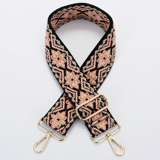 Yellow and white ethnic style patterned canvas bag strap with gold-toned adjustable buckle and swivel snap hooks. - Image 5