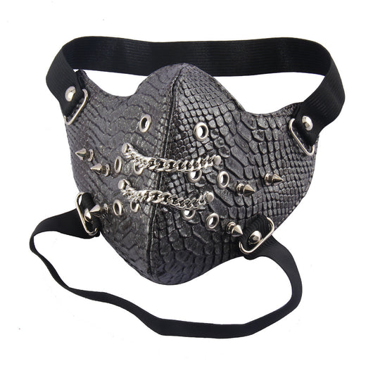 Black leather half-face mask with silver studs and grommets, featuring elastic head straps. - Image 10