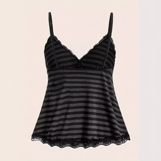 Blusa Elegante de Rayas con Cuello de Encaje Contrastante