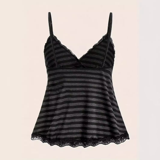 Blusa Elegante de Rayas con Cuello de Encaje Contrastante