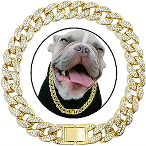 Collar de Lujo para Mascotas con Cadena Cubana y Diamantes