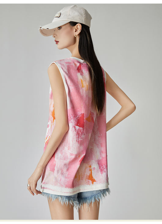 Blusa Suelta sin Mangas Estampado Acuarela Floral Rosa para Mujer - Image 18