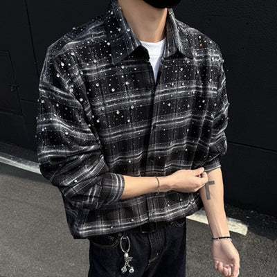 Camisa Retro Hombre con Bordado Estrellado y Detalles de Cristal