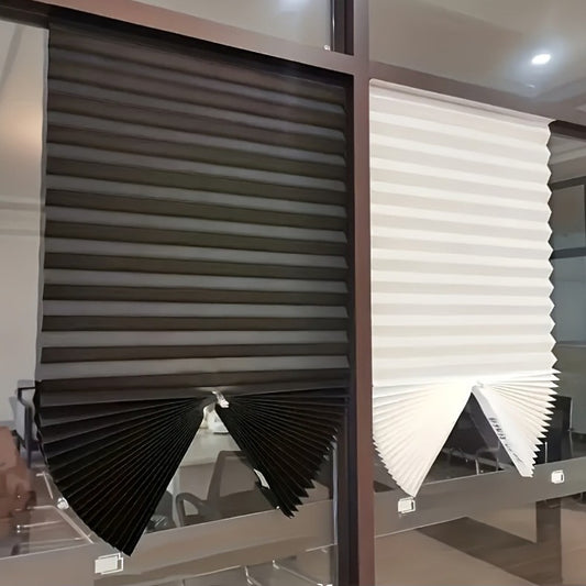 Gray pleated self-adhesive window shade with swatches for white, gray, and black color options.