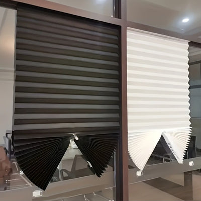 Gray pleated self-adhesive window shade with swatches for white, gray, and black color options.