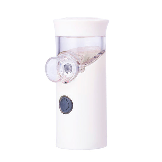 Gray handheld ultrasonic nebulizer with a clear medication chamber and a power button, designed for portable respiratory care. - Image 3