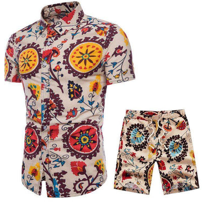 Conjunto Casual Étnico para Hombre - Camisa Floral de Manga Corta con Shorts - Image 13