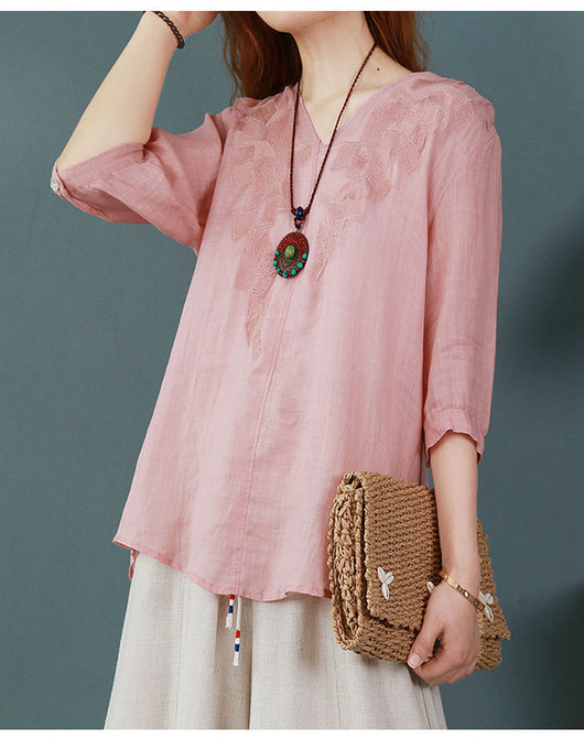 Blusa Larga Atrás Corta Adelante de Algodón y Lino con Bordado para Mujer - Image 18