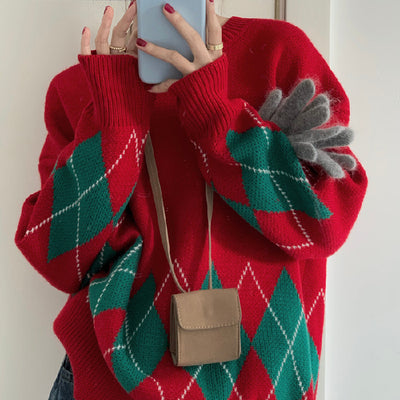 Suéter Navideño Rojo Rombo Contraste Acolchado para Amigas - Pullover Retro Otoño Invierno - Image 3