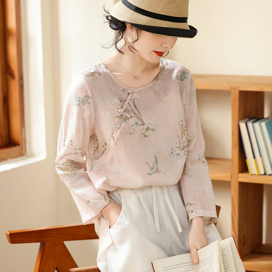 Blusa Vintage de Ramio Estampada para Mujer
