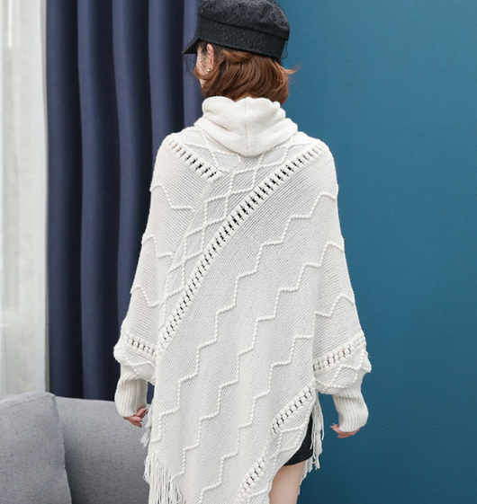 Poncho Tejido Cuello Alto con Flecos - Abrigo Cálido para Otoño e Invierno - Image 13