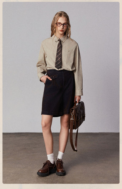 Camisa Clásica Retro Americana con Cuello Solapa y Rayas Bordadas para Mujer - Image 10