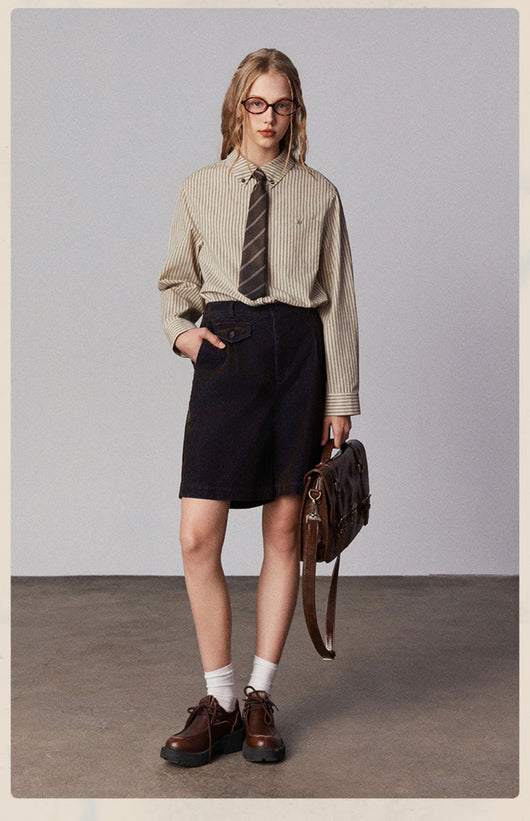 Camisa Clásica Retro Americana con Cuello Solapa y Rayas Bordadas para Mujer - Image 10