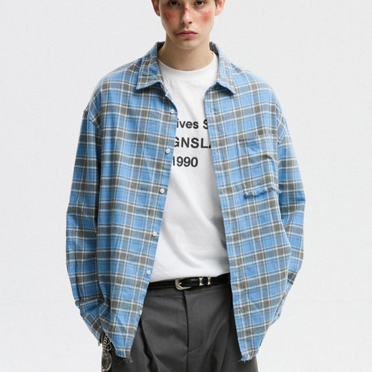 Camisa a Cuadros Unisex Estilo Americano Otoñal con Bordes Deshilachados - Image 9