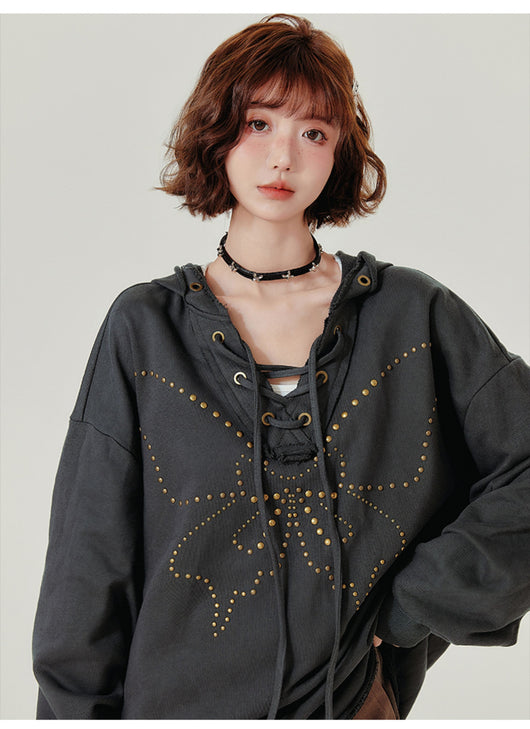 Sudadera Retro con Capucha Mujer - Cuello V Cordones y Remaches - Image 12