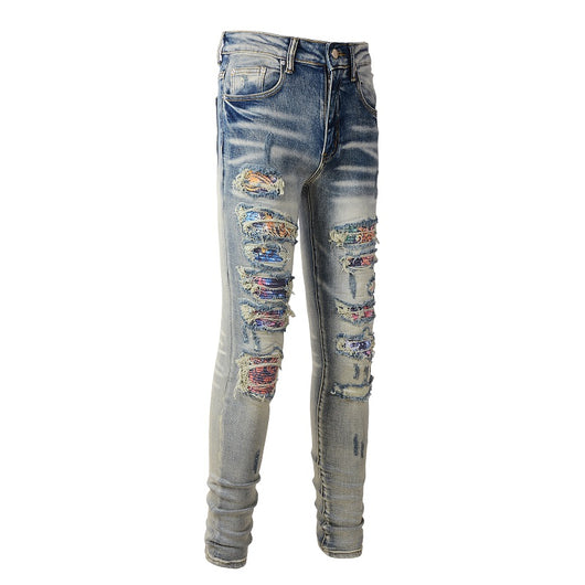 Jeans Azul Bebé Desgastado con Parches Iridiscentes para Hombre - Image 9