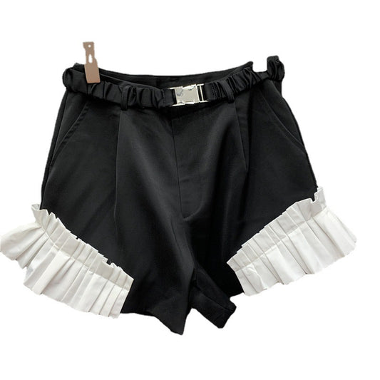 Shorts Talle Alto con Detalles de Encaje Hoja de Loto y Costuras Contrastantes