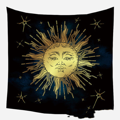 Golden crescent moon and woman silhouette tapestry with a floral crown against a dark blue starry background. - Image 48