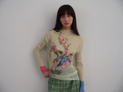 Polera Base de Cuello Alto Ajustada con Estampado Irregular Plisada Translúcida - Image 5