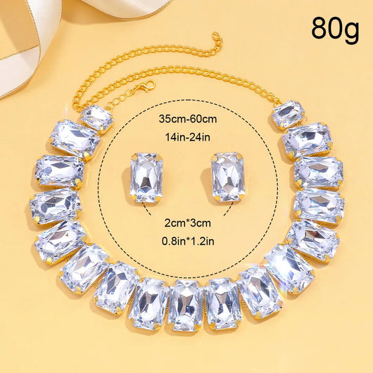 Light luxury geometric crystal necklace and square exaggerated earrings jewelry set in gold tone. - Image 3