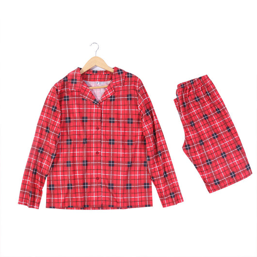 Red, black, and white plaid long-sleeve baby romper with a collar and snap closures, hanging on a hanger. - Image 9