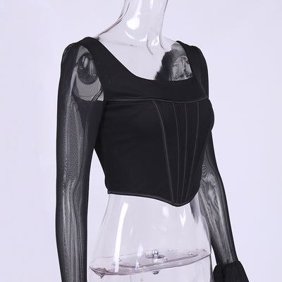 Blusa Crop Top Cuello Cuadrado con Mangas Acampanadas y Malla Efecto Espina de Pescado - Image 17