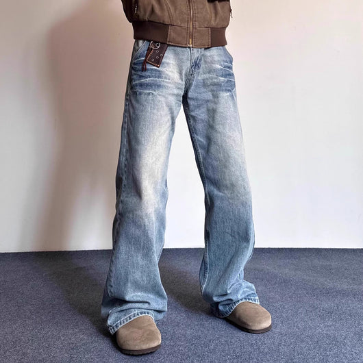 Pantalones Hombre Estilo Retro Desgastado con Rayas de Rayo y Textura de Bambú - Image 2