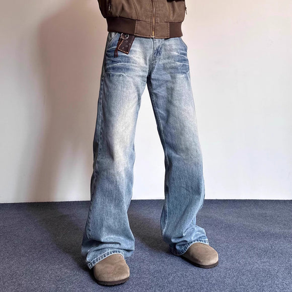 Pantalones Hombre Estilo Retro Desgastado con Rayas de Rayo y Textura de Bambú