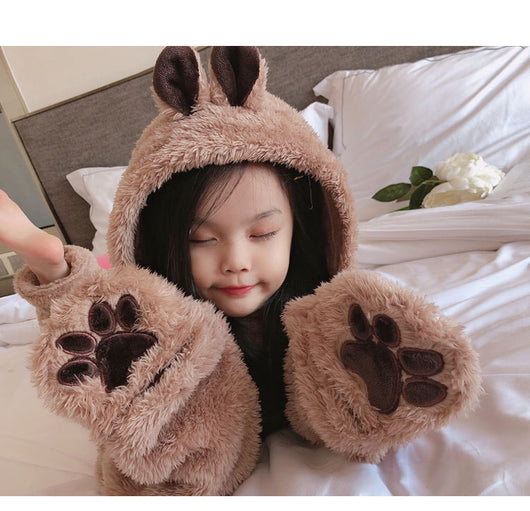 Mother and child wearing matching brown plush bear pajamas with hoods, ears, and embroidered paw gloves. - Image 10